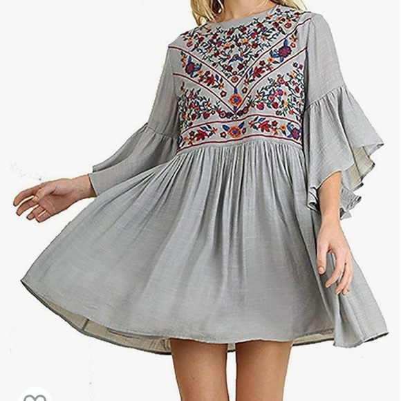 Umgee Dresses & Skirts - Umgee Boho Bliss Cool Grey Ruffled Sleeves Casual Embroidered Dress Size Medium